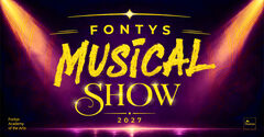 Logo voor de Fontys Musical Show 2027 met gele letters op een paarse achtergrond en lichtstralen.