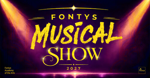 Logo voor de Fontys Musical Show 2027 met gele letters op een paarse achtergrond en lichtstralen.