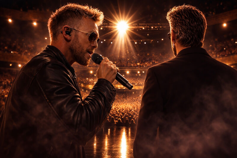 Twee mannen staan op een podium voor een vol theater, één met microfoon en zonnebril zingend in warm tegenlicht.