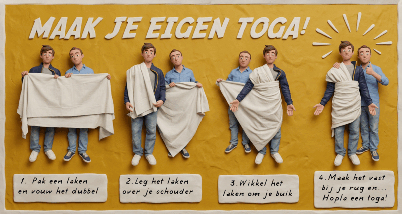 Stapsgewijze handleiding voor het maken van een toga met instructies en afbeeldingen van een persoon in een toga.
