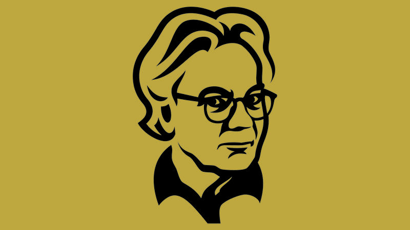 Zwart-wit tekening van een man met een bril en een lichte haardos, in profiel weergegeven.