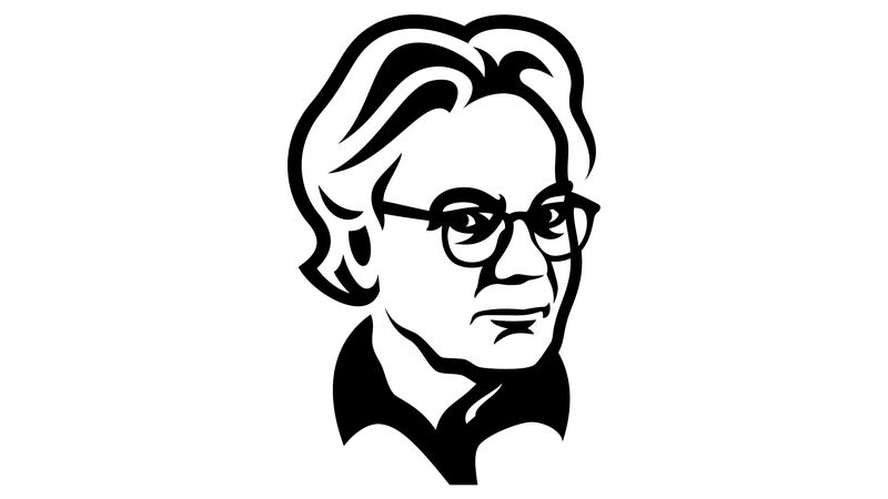 Zwart-wit tekening van een man met een bril en een lichte haardos, in profiel weergegeven.