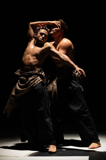 Twee performers met ontbloot bovenlichaam dansen in een intieme pose onder gericht podiumlicht.