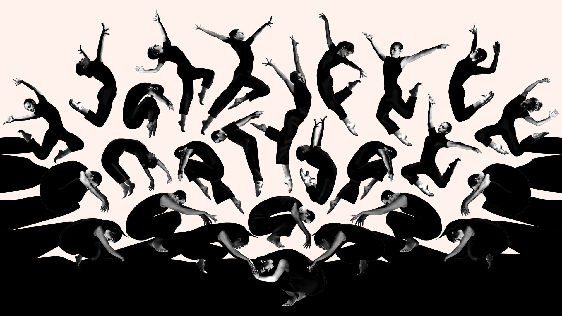 Groep dansers in zwarte kleding vormt een symmetrisch patroon van sprongen en gebogen poses tegen een lichte achtergrond.